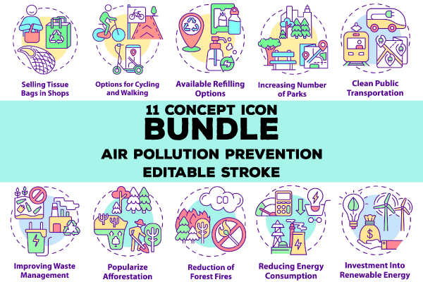 Air pollution prevention concept icons bundle