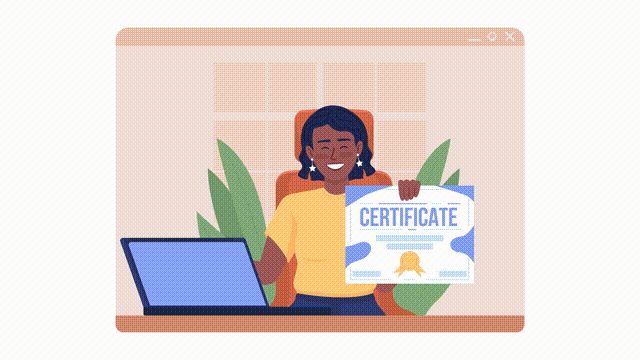 Animated isolated completed course. Online business school completion. Looped flat 2D character 4k video footage with alpha channel. Colorful animation for mobile, website, social media