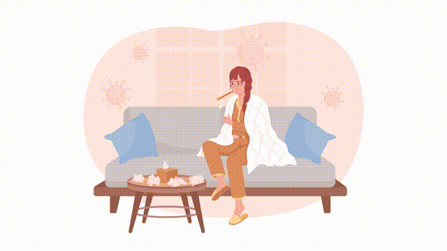 Animated isolated covid safety. Self-quarantine. Sick woman. Looped flat 2D character HD video footage with alpha channel. Colorful animation on transparent background for website, social media
