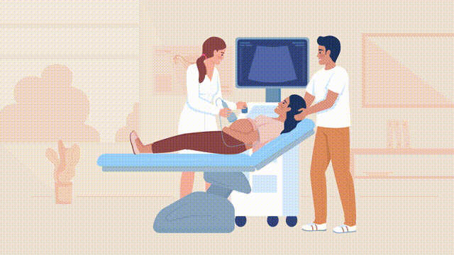 Animated its baby boy illustration. Gender ultrasound. Pregnancy announcement. Looped flat color 2D cartoon characters animation video in HD with hospital interior on transparent background