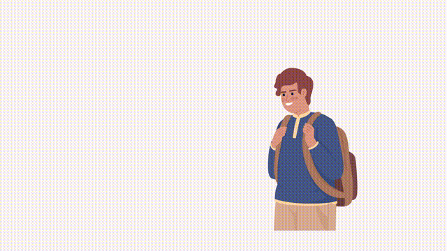 Animated positive student character. Boy with happy thoughts. Full body flat person HD video footage with alpha channel. Color cartoon style illustration on transparent background for animation