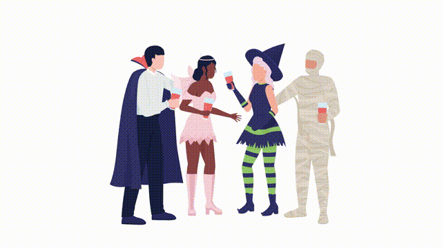 Animated seasonal party characters. Full body flat people. HD video footage with alpha channel. Halloween celebration color cartoon style illustration on transparent background for animation