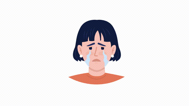 Animated upset young woman emotion. Female crying. Flat character head with facial expression animation. Colorful cartoon style HD video footage on white with alpha channel transparency