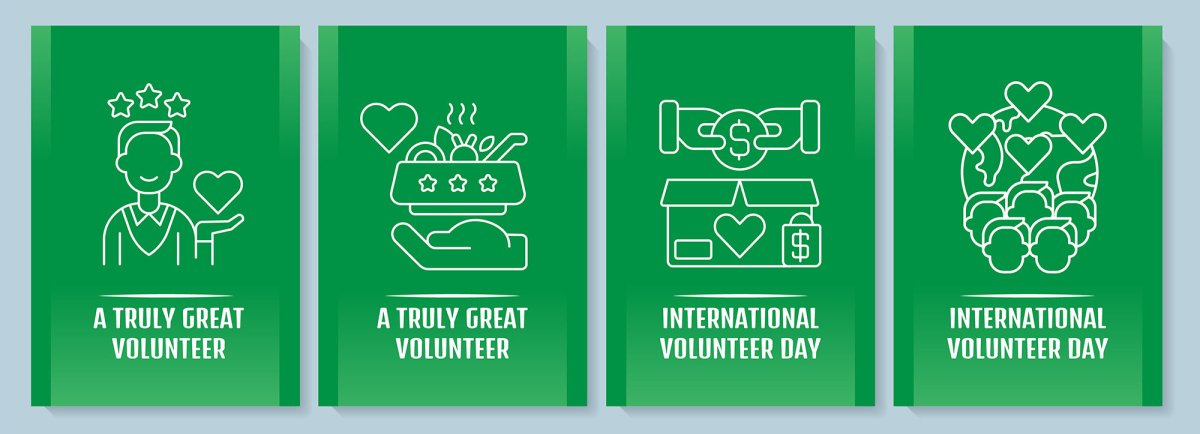 Annual volunteer week celebration postcard with linear glyph icon set
