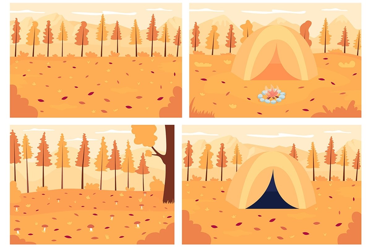 Autumn camping flat color vector illustration set