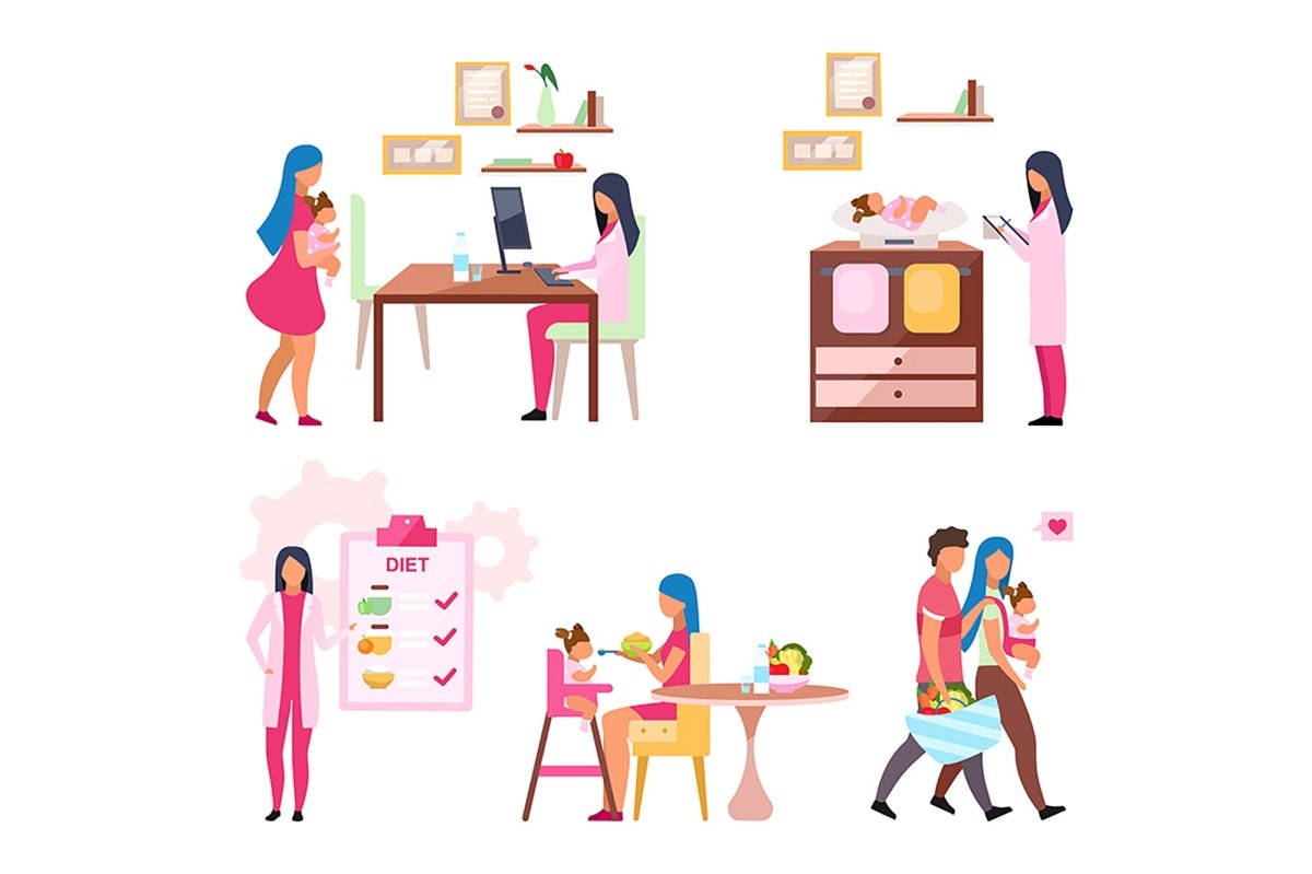 Baby weight control flat vector illustrations set