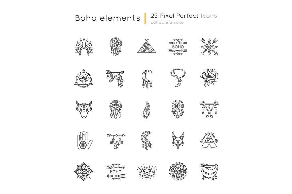 Boho style pixel perfect linear icons set
