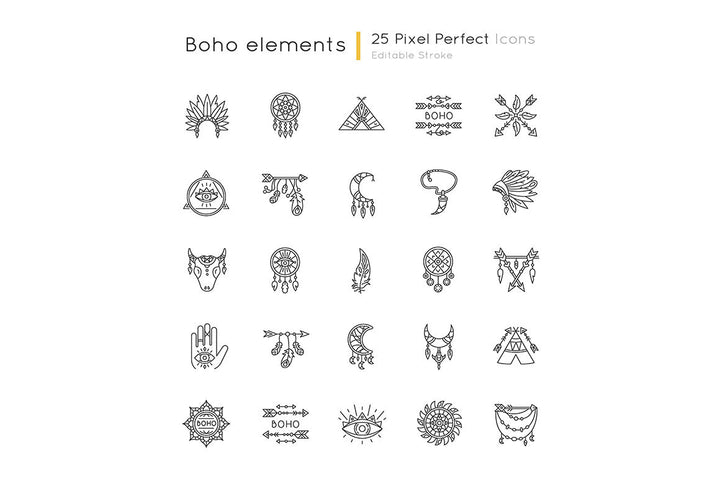 Boho style pixel perfect linear icons set