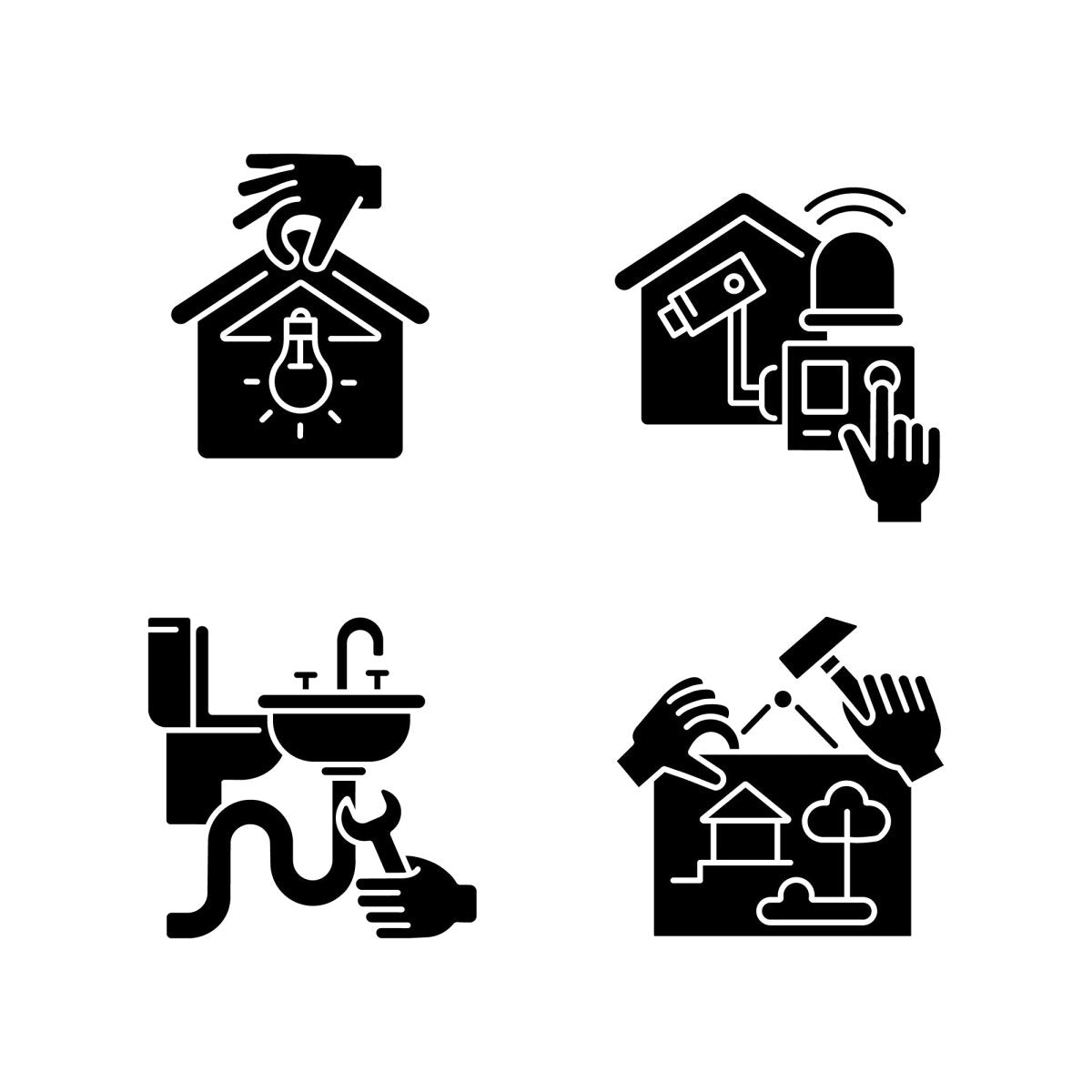 Building and repair house black glyph icons set on white space