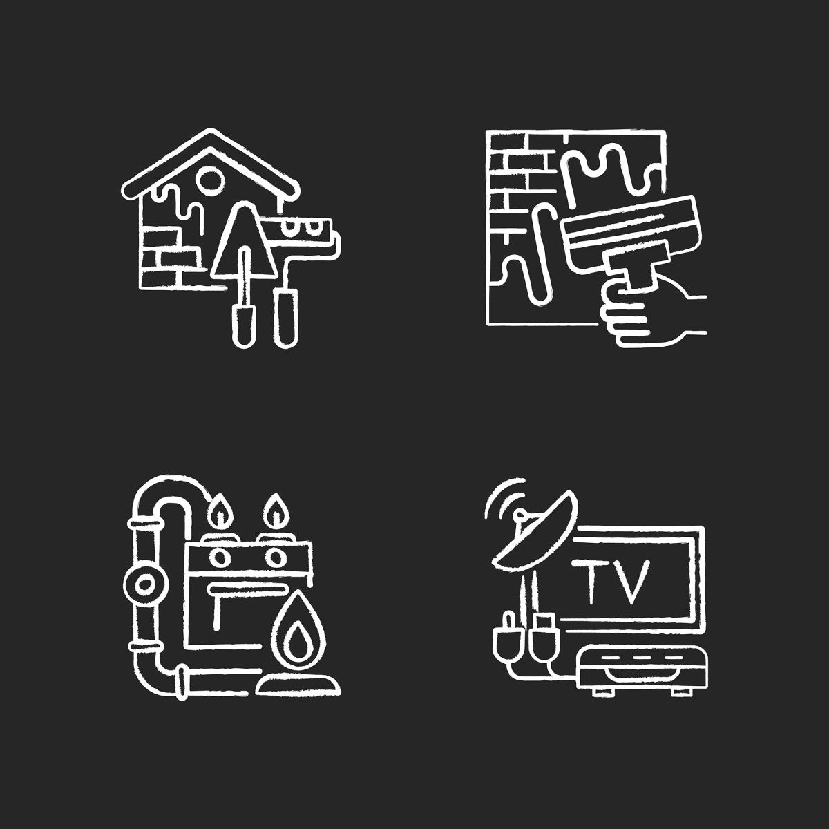 Building and repair house chalk white icons set on black background
