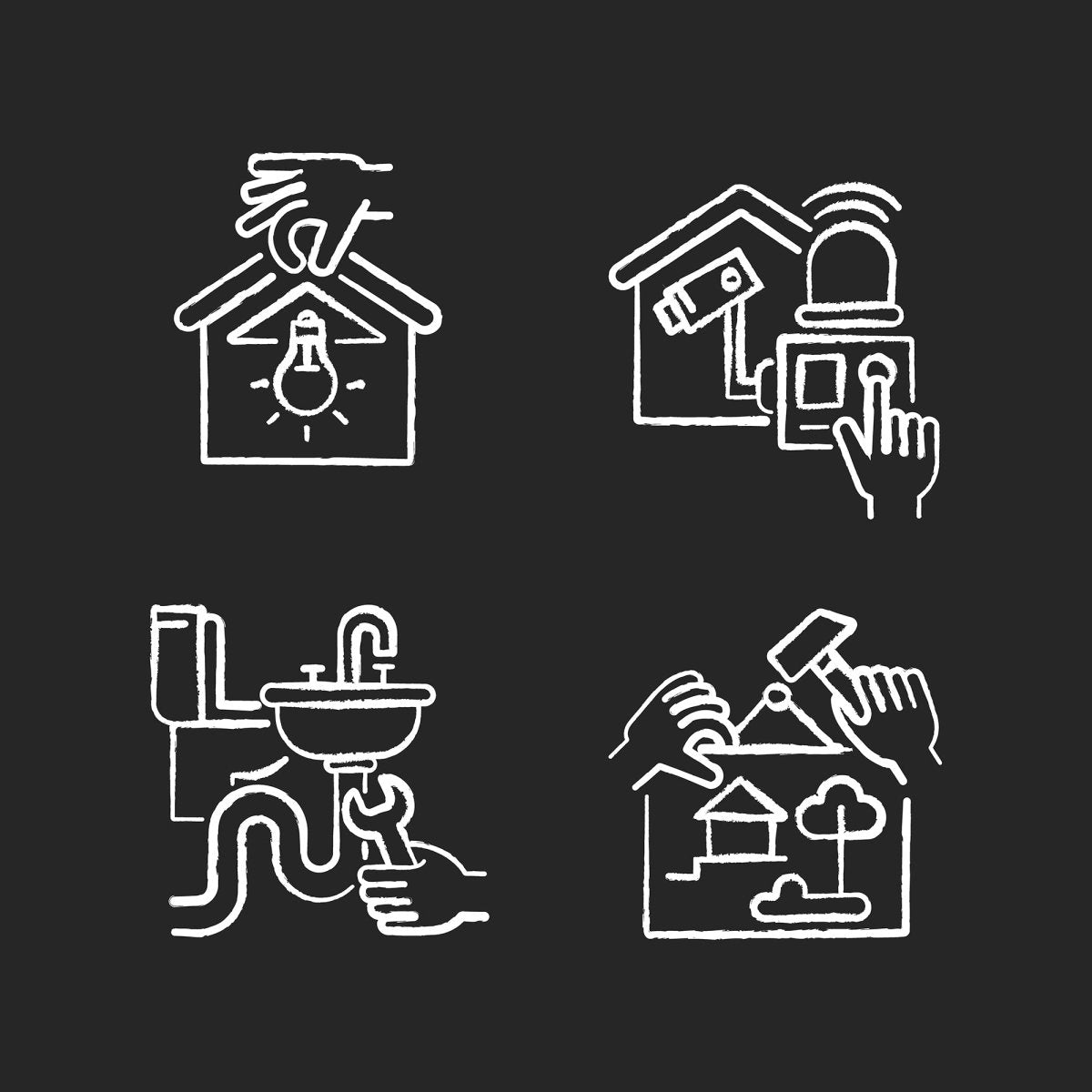 Building and repair house chalk white icons set on black background