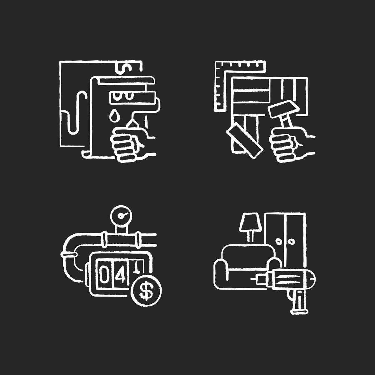 Building and repair house chalk white icons set on black background