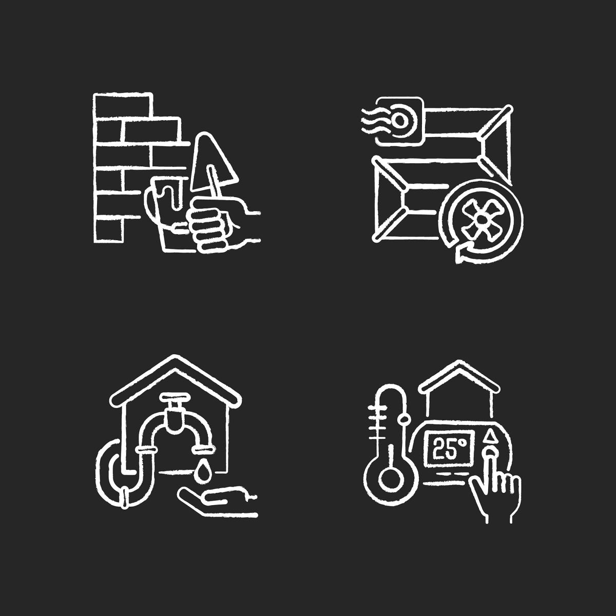 Building and repair house chalk white icons set on black background