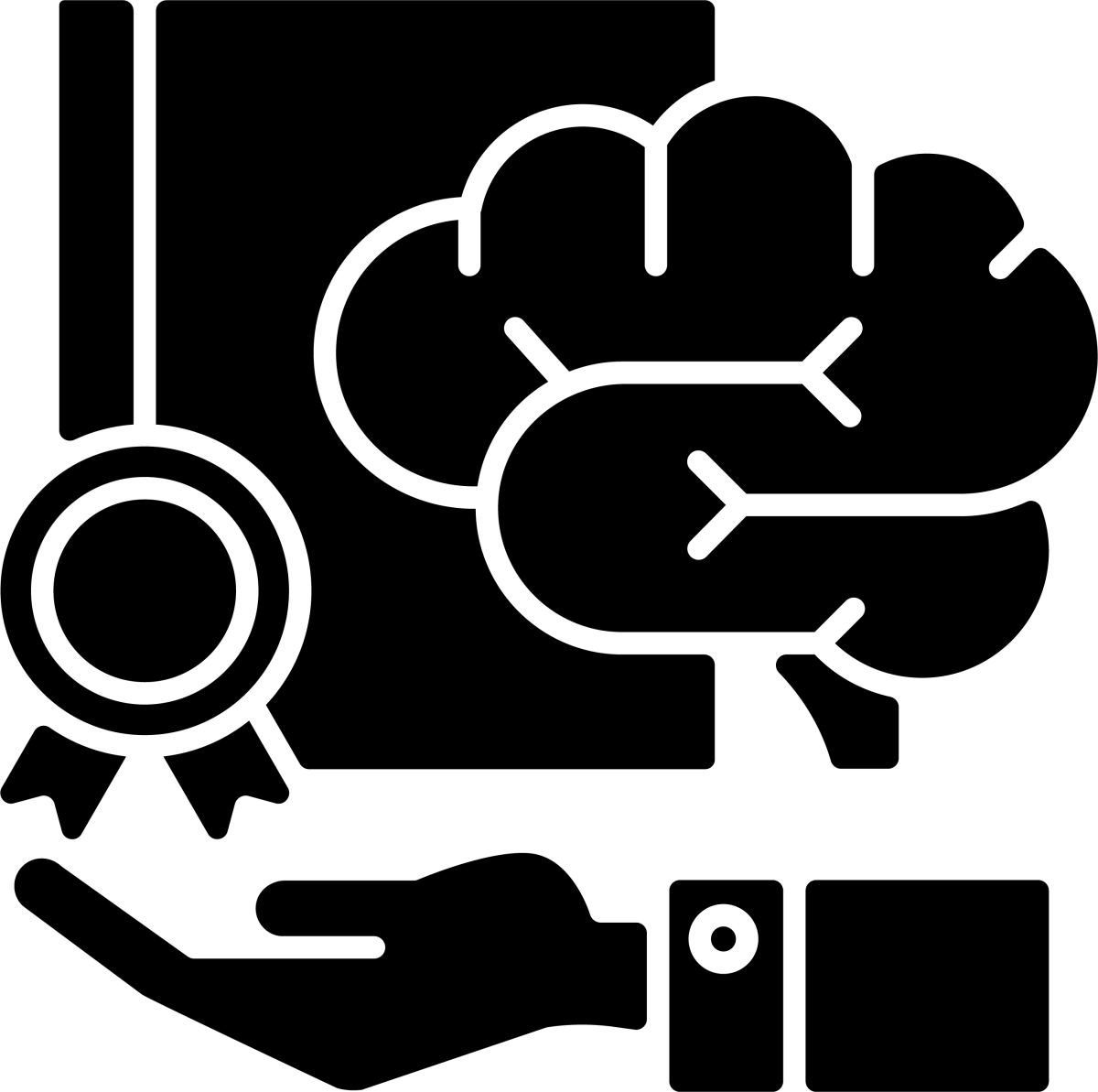 Business assets black glyph icons set on white space
