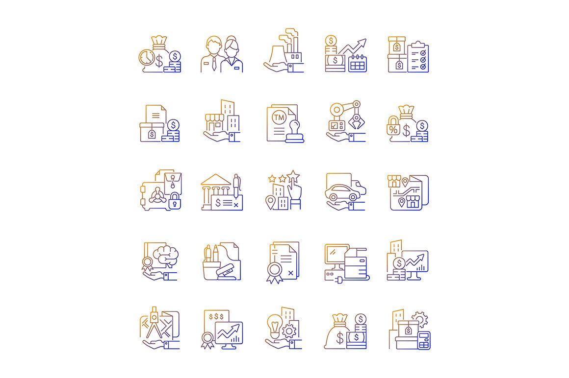 Business assets gradient linear vector icons set