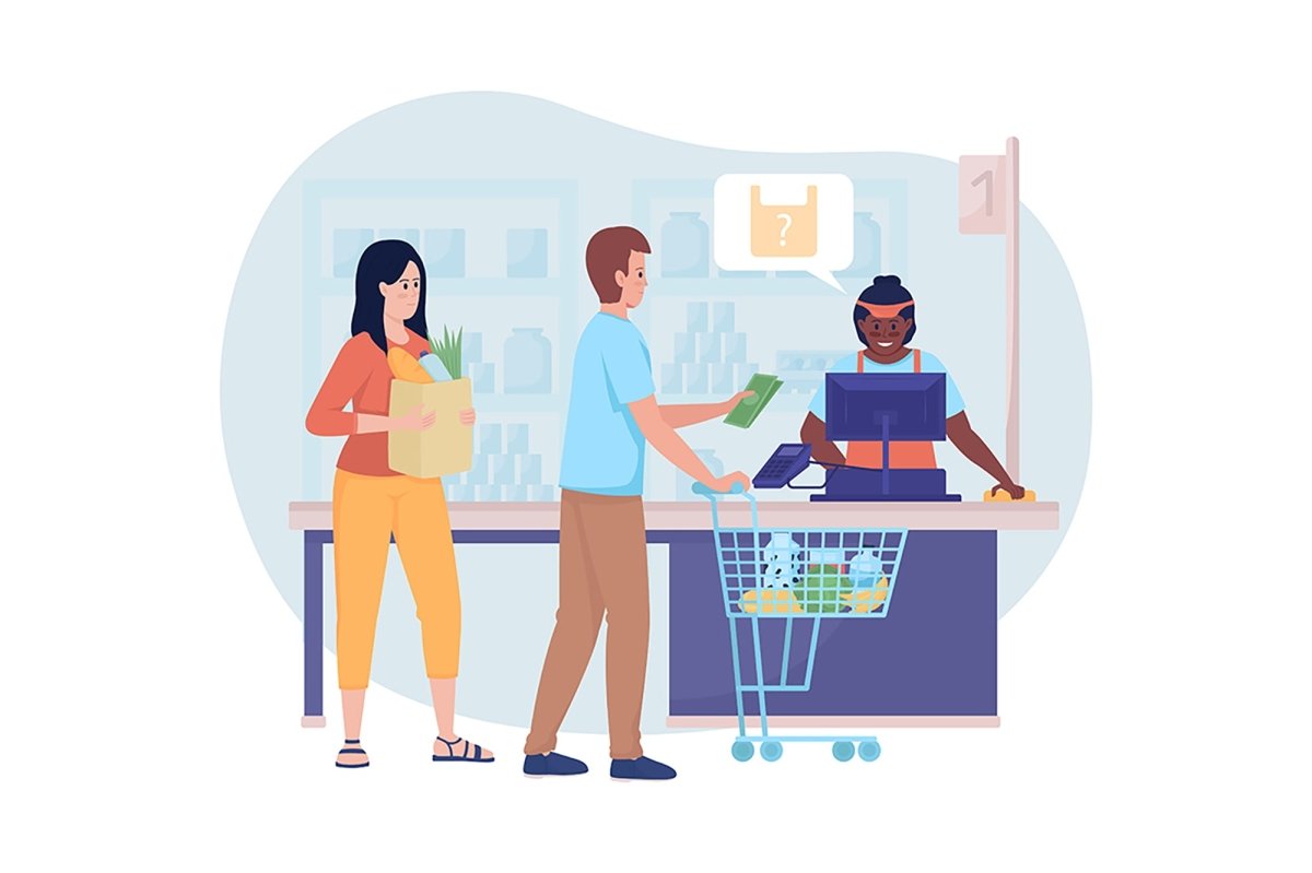 Buying groceries in shop 2D vector isolated illustration set