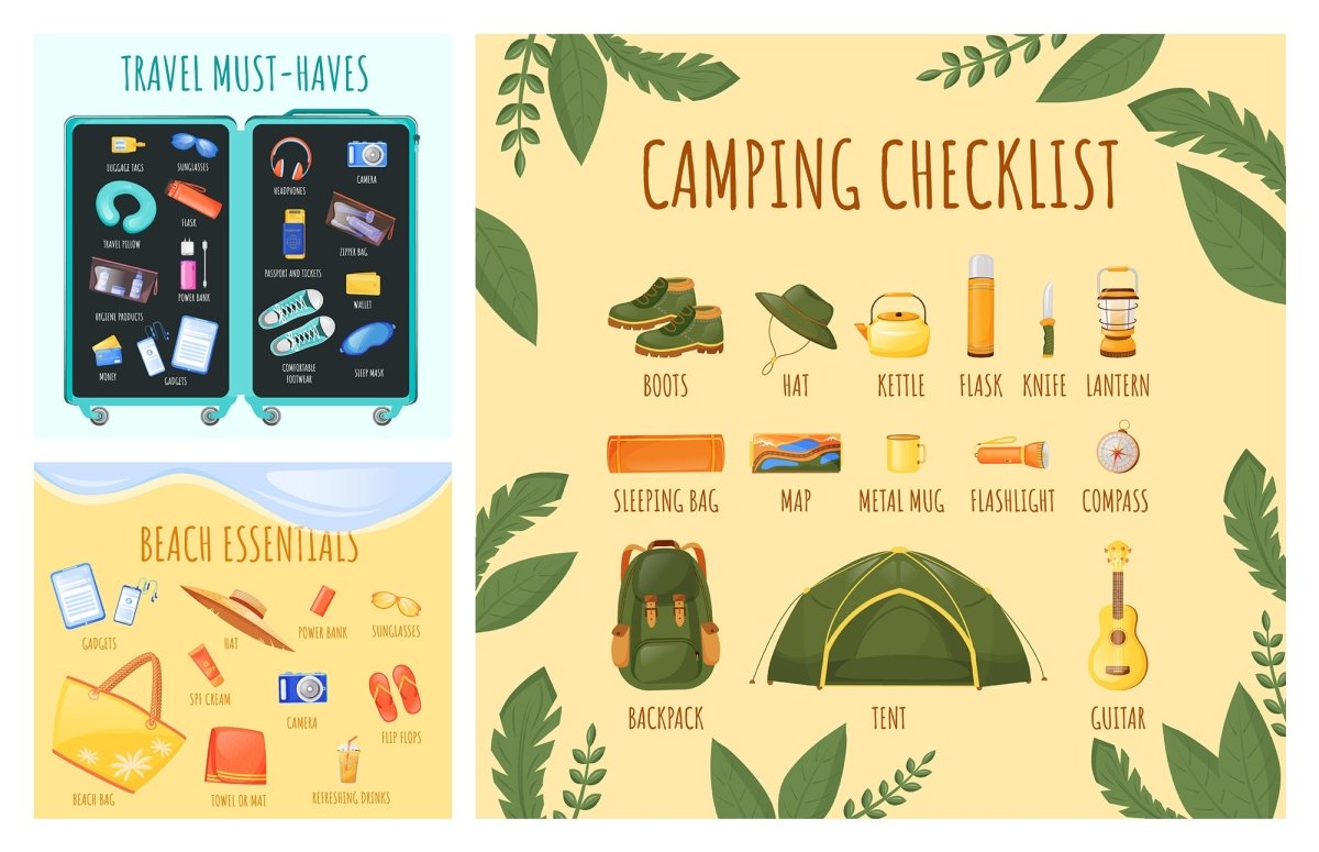 checkliste camping Camping-Checkliste, flacher Farbvektor, informativer Infografik-Vorlag