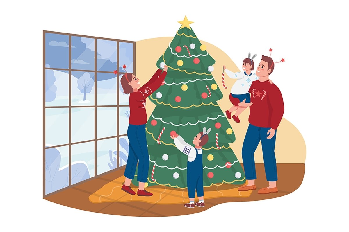 Celebrating winter holidays at home 2D vector isolated illustration set