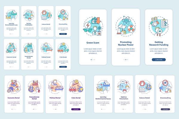 Climate skepticism and conspiracy onboarding mobile app page screen bundle