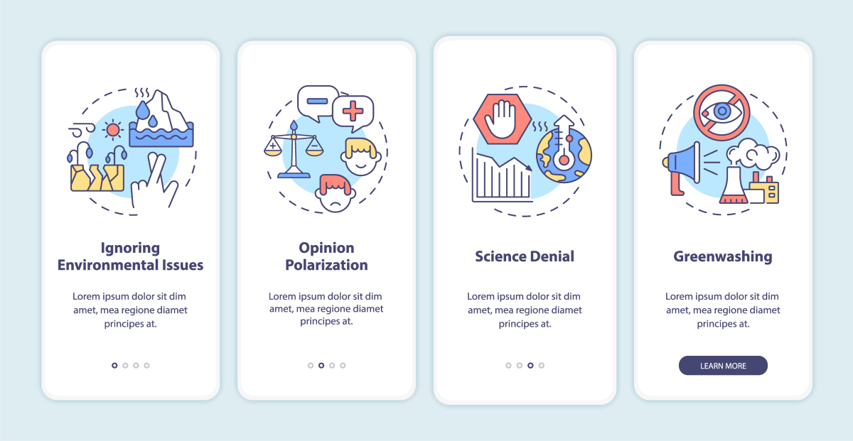 Climate skepticism and conspiracy onboarding mobile app page screen bundle