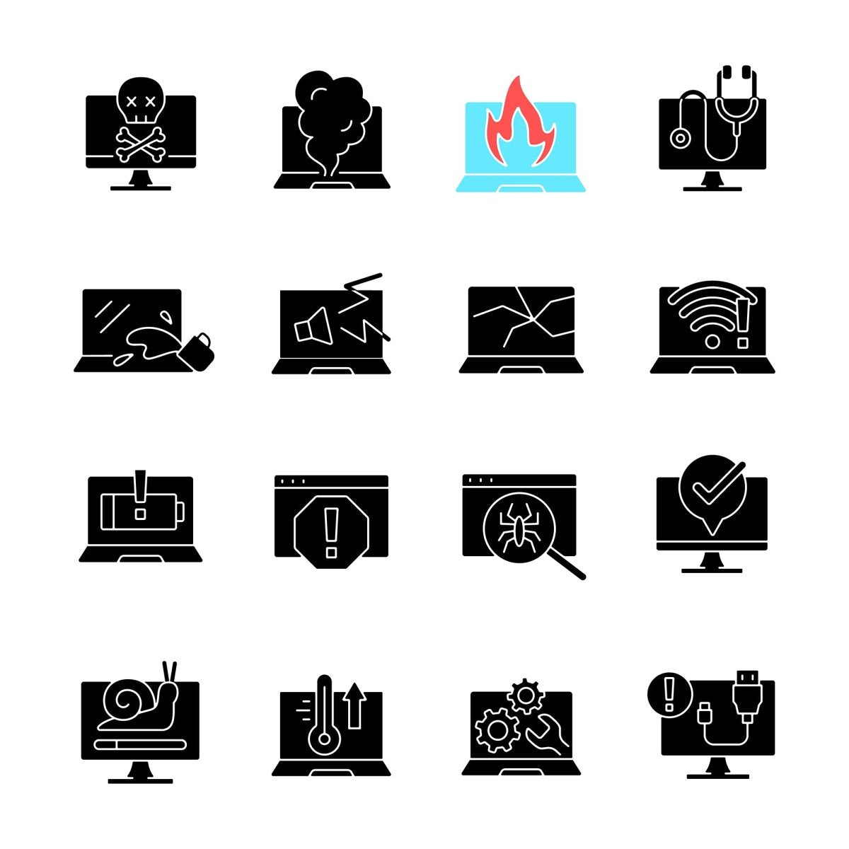 Computer problems black glyph icons set on white space