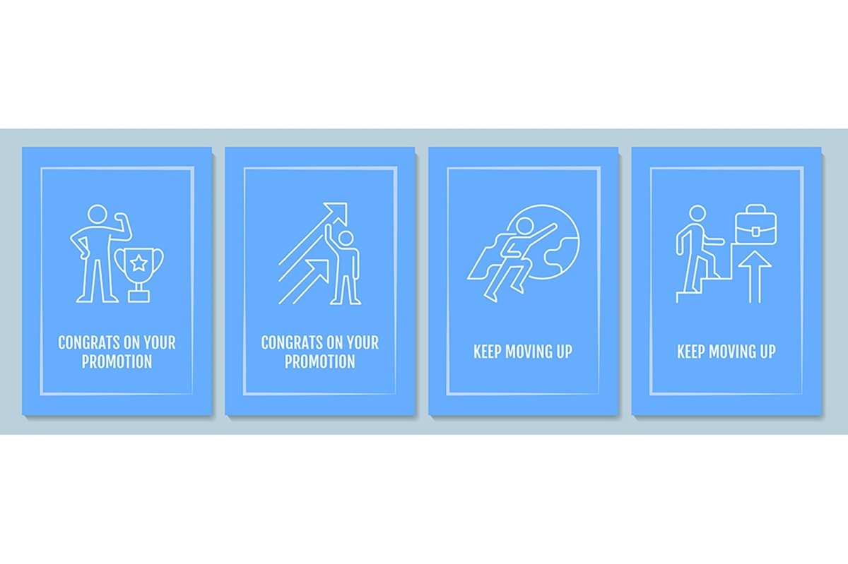 Congratulation on promotion postcard with linear glyph icon set