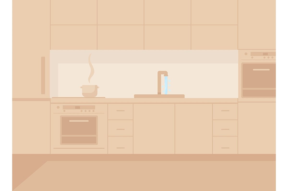Contemporary monochrome kitchen flat color vector illustration set