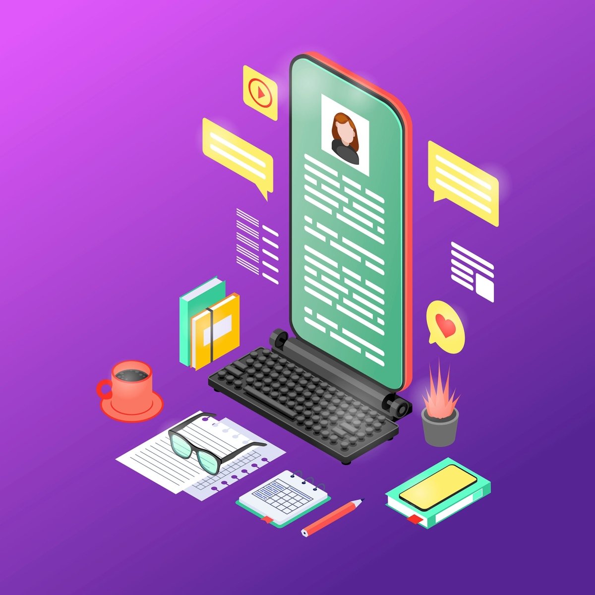 Content marketing and copywriting isometric concept icons set