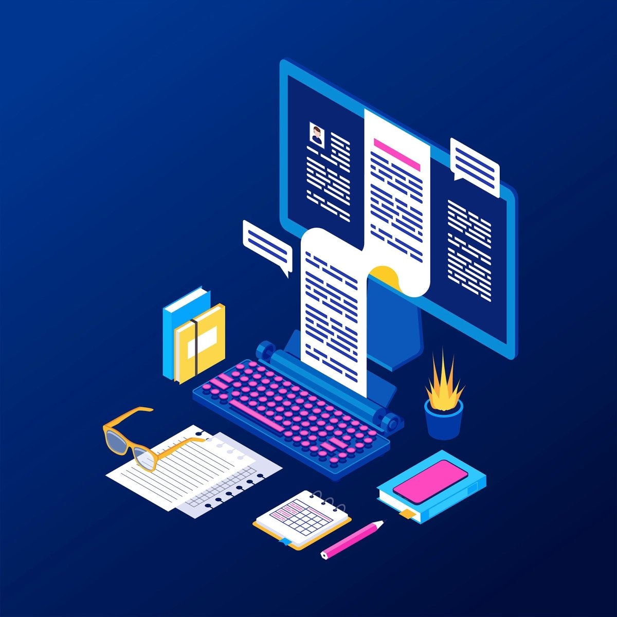 Content marketing and copywriting isometric concept icons set
