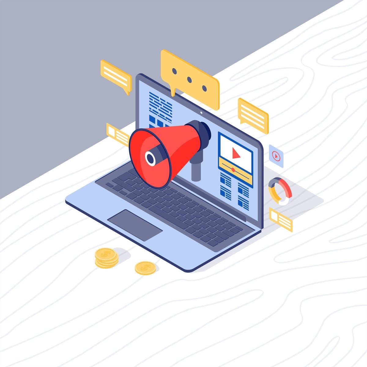 Content marketing and copywriting isometric concept icons set