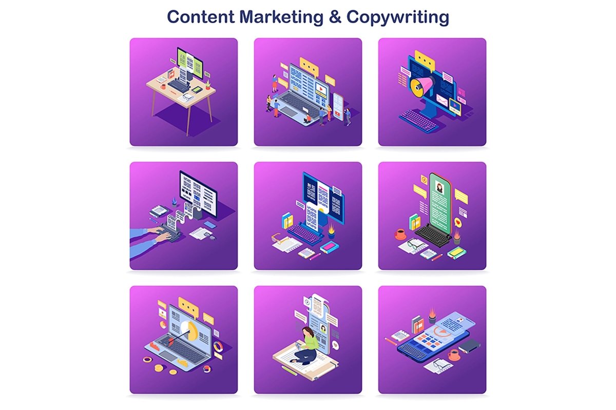 Content marketing & copywriting isometric concept icons set