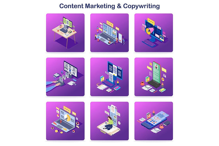 Content marketing & copywriting isometric concept icons set