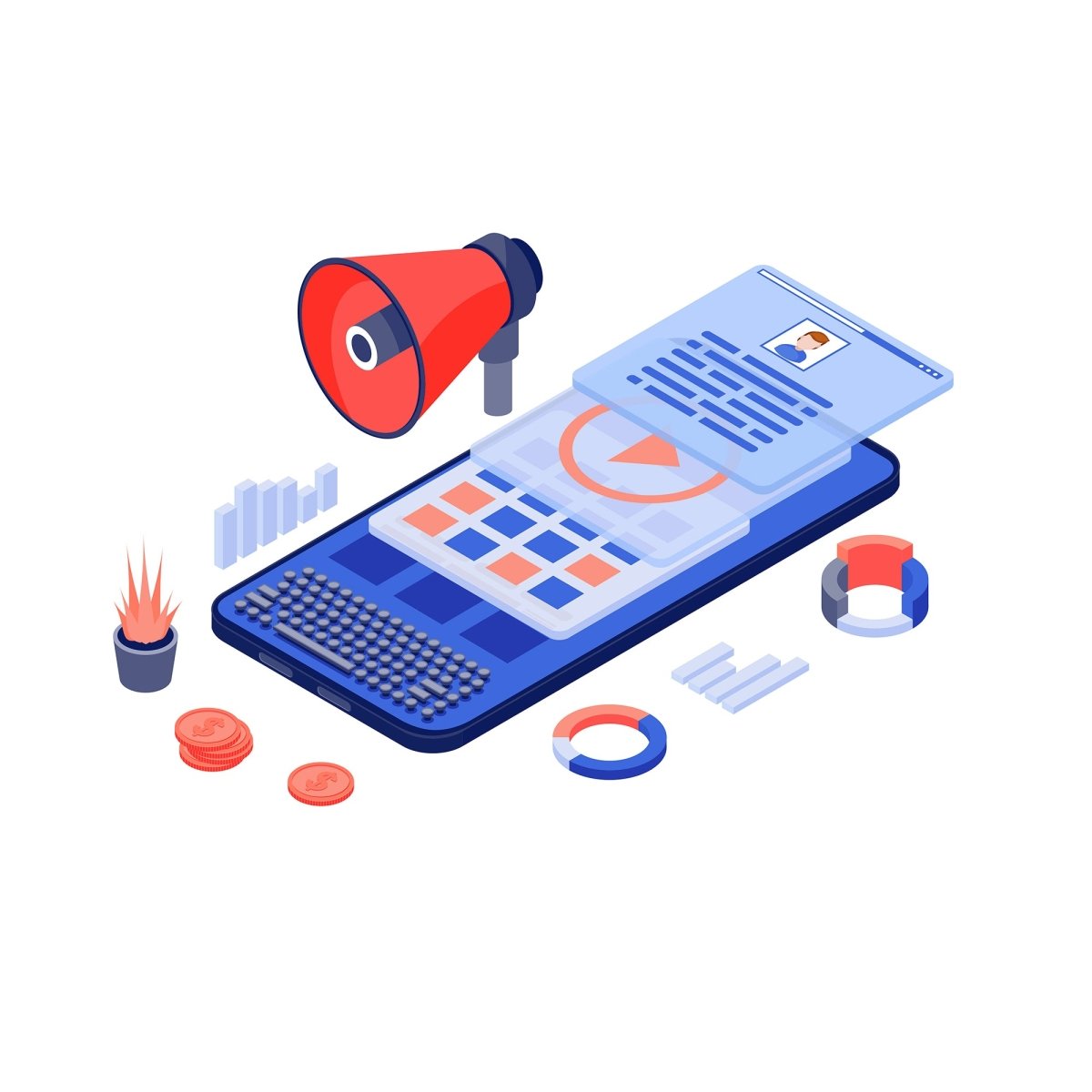 Content marketing & copywriting isometric concept vector icons set