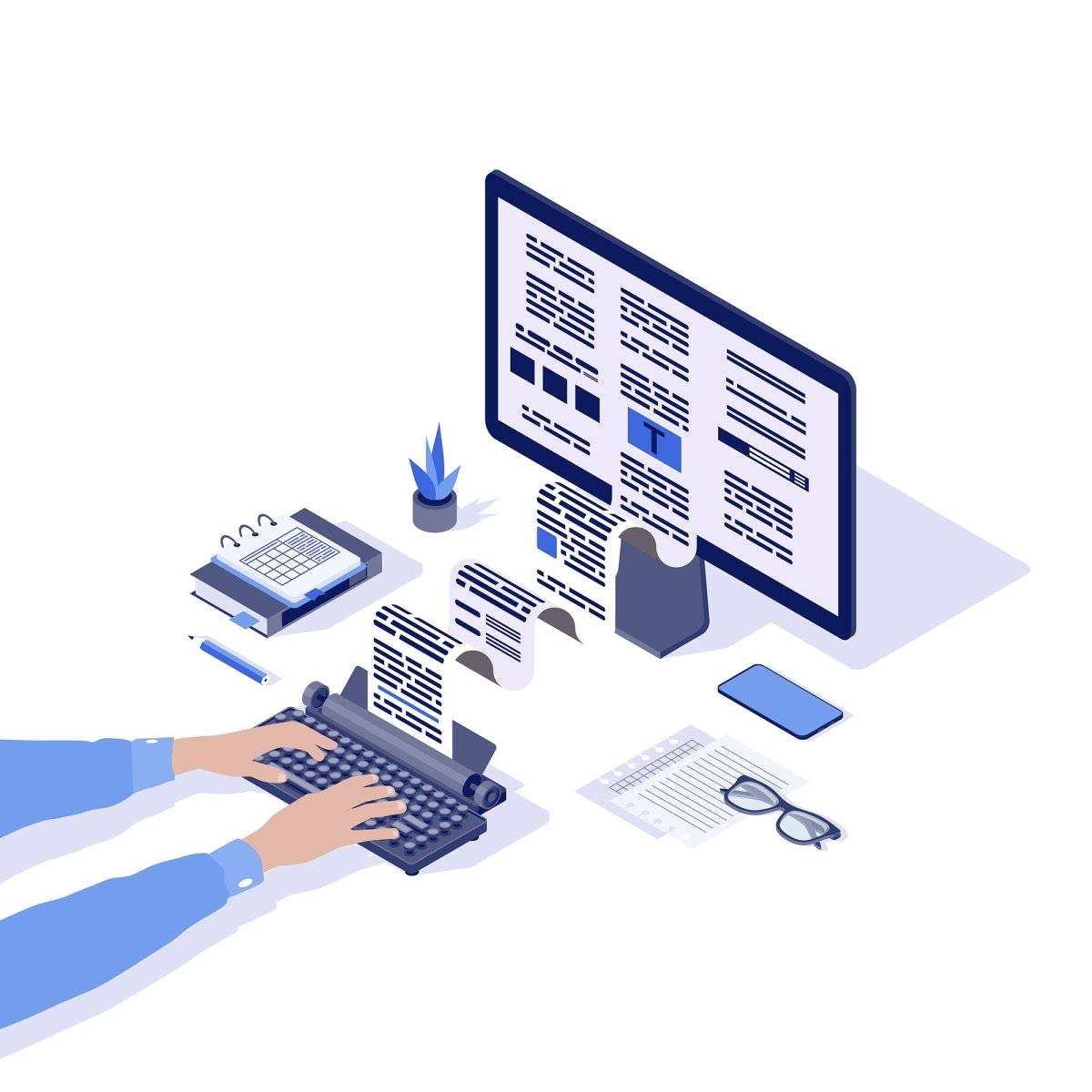Content marketing & copywriting isometric concept vector icons set