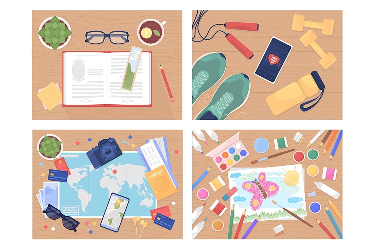 Daily activities flat color vector illustration set