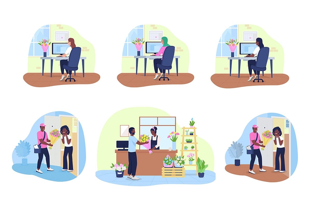 Delivering flowers 2D vector isolated illustration set