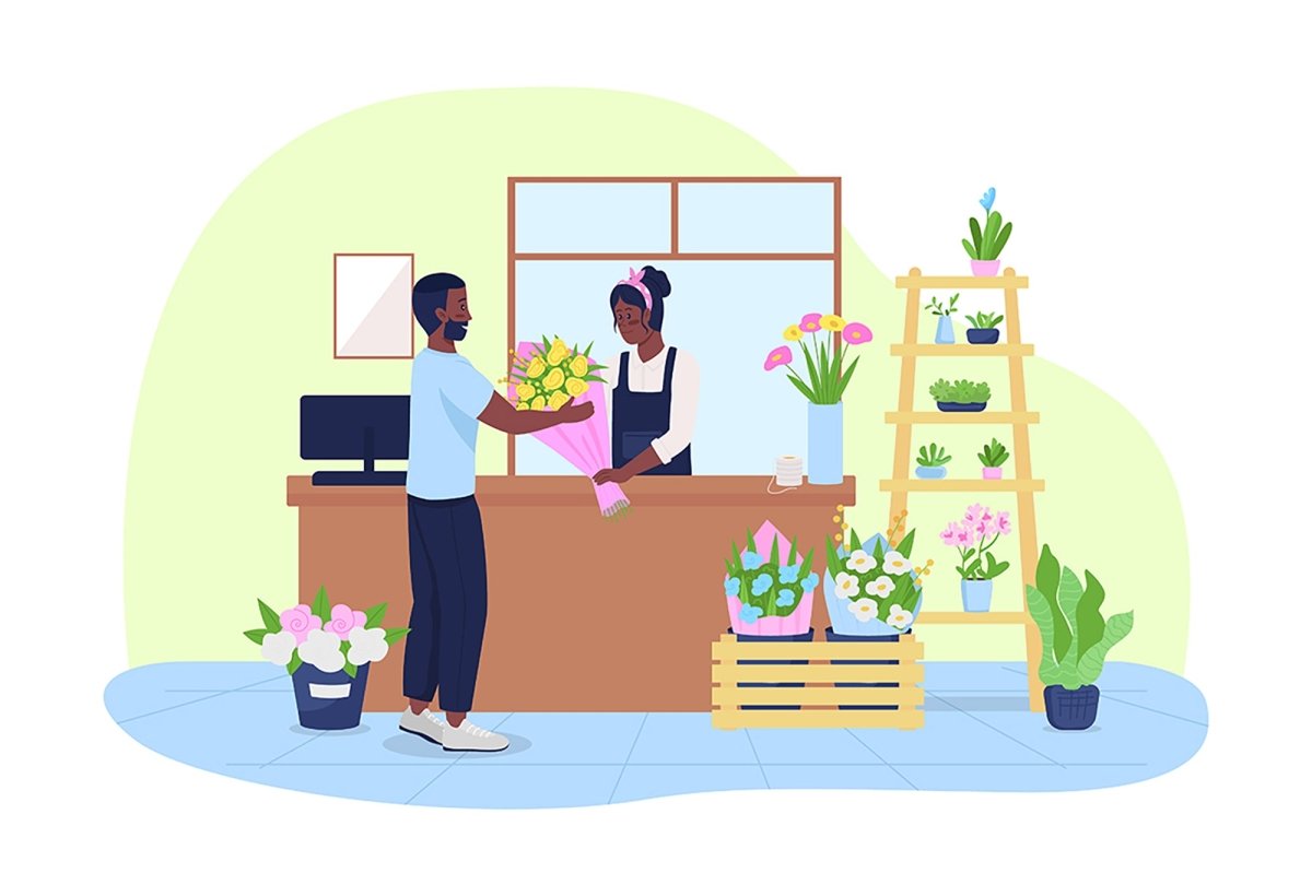 Delivering flowers 2D vector isolated illustration set