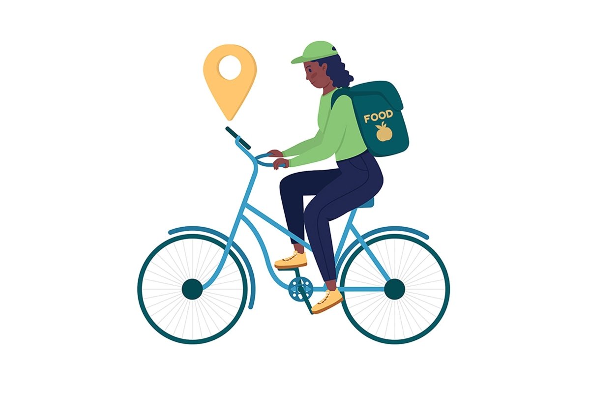 Delivery worker on bicycle semi flat color vector character set