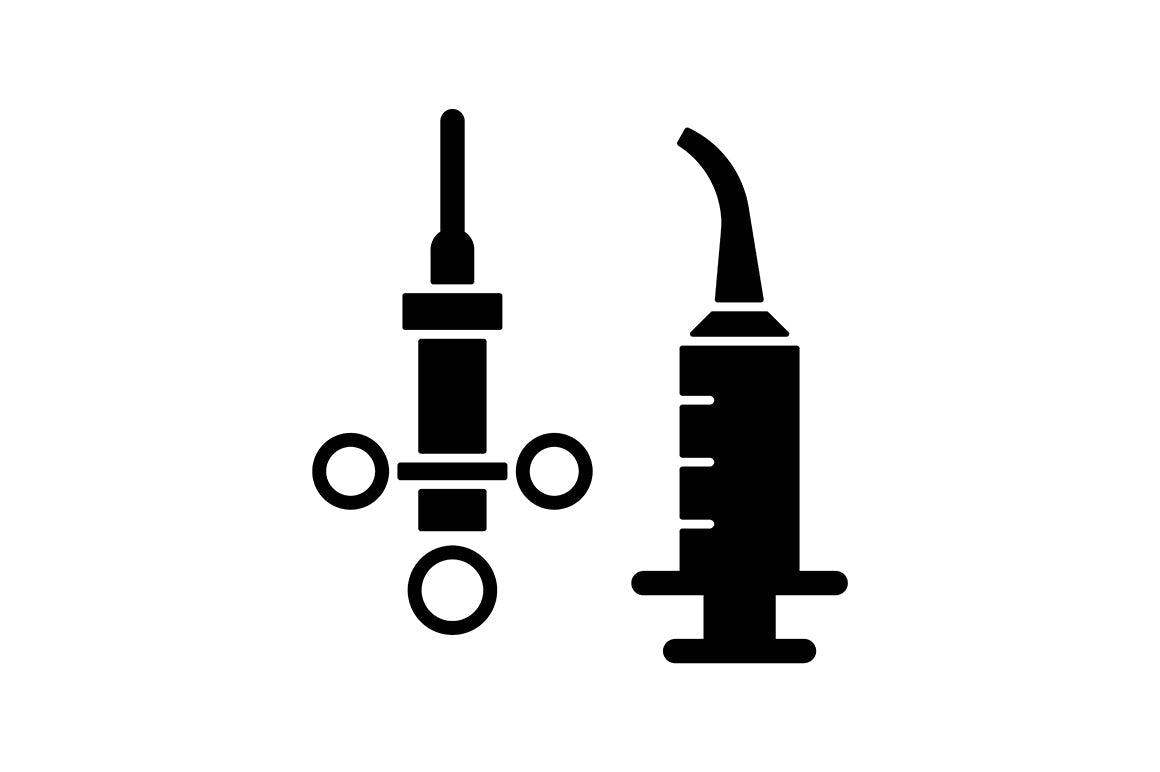 Dentistry tools and materials black glyph icons set on white space