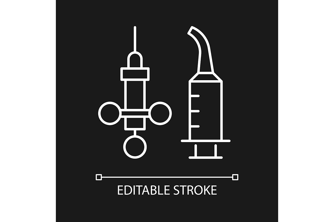 Dentistry tools and materials linear icons set for dark and light mode