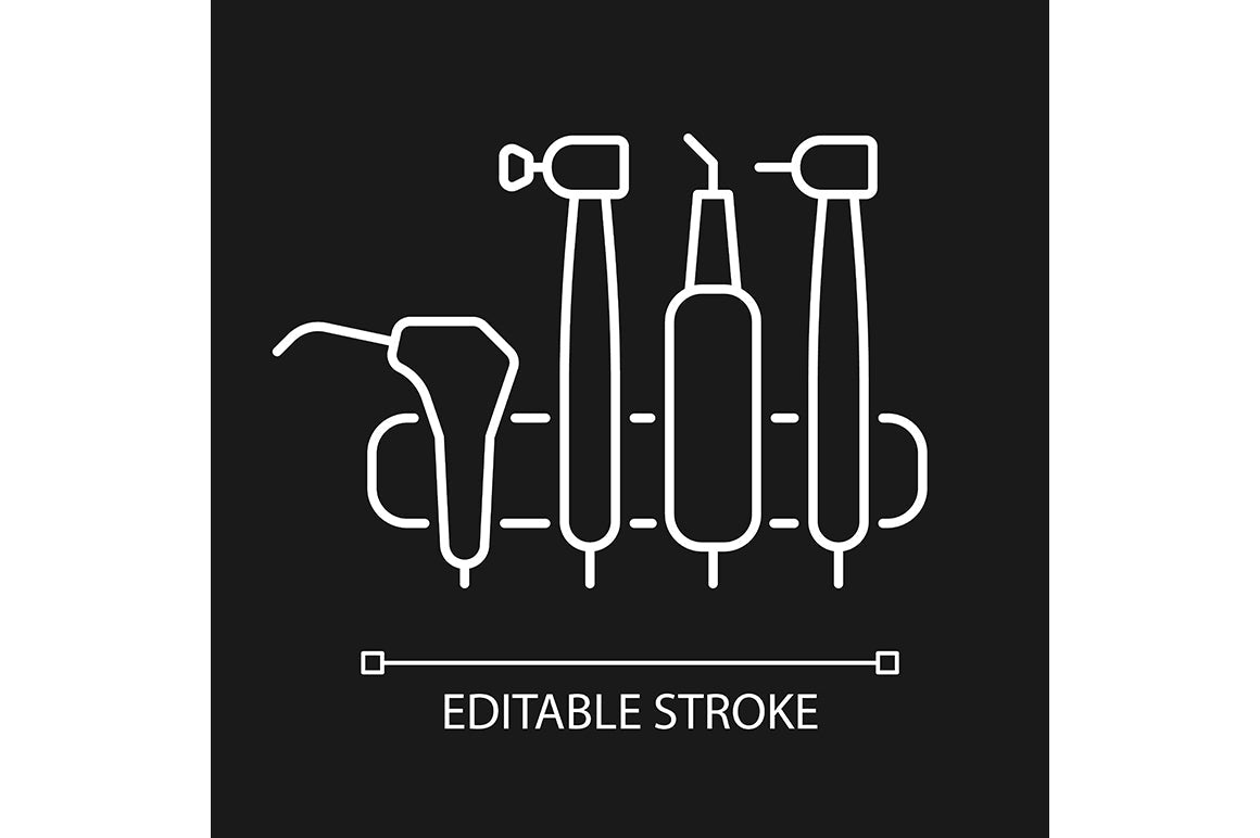Dentistry tools and materials linear icons set for dark and light mode