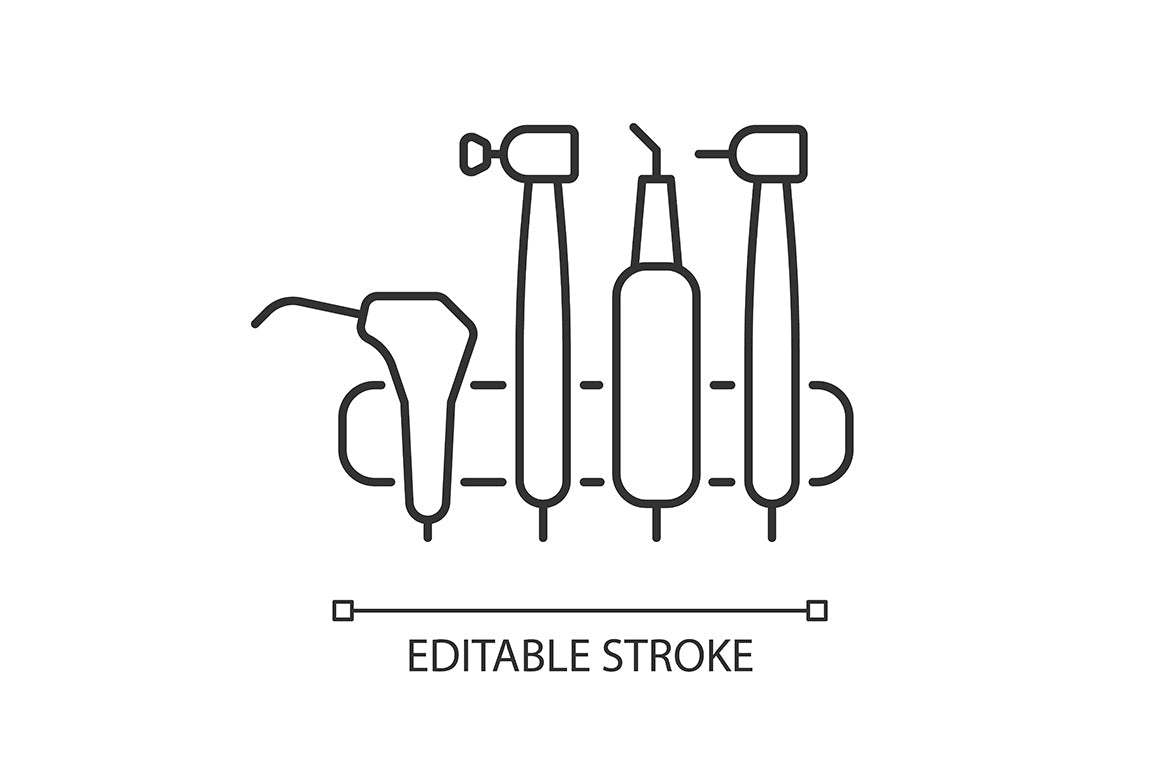 Dentistry tools and materials linear icons set for dark and light mode