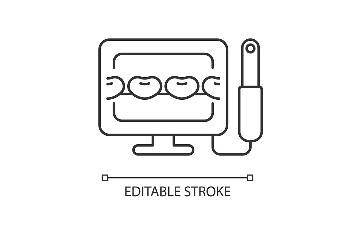 Dentistry tools and materials linear icons set for dark and light mode