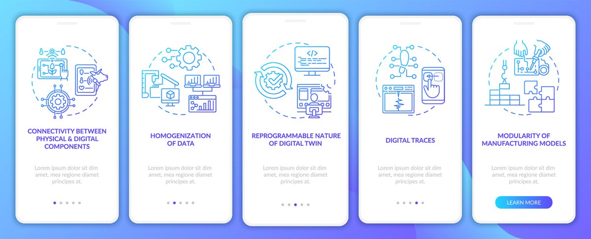 Digital twin onboarding mobile app page screen set