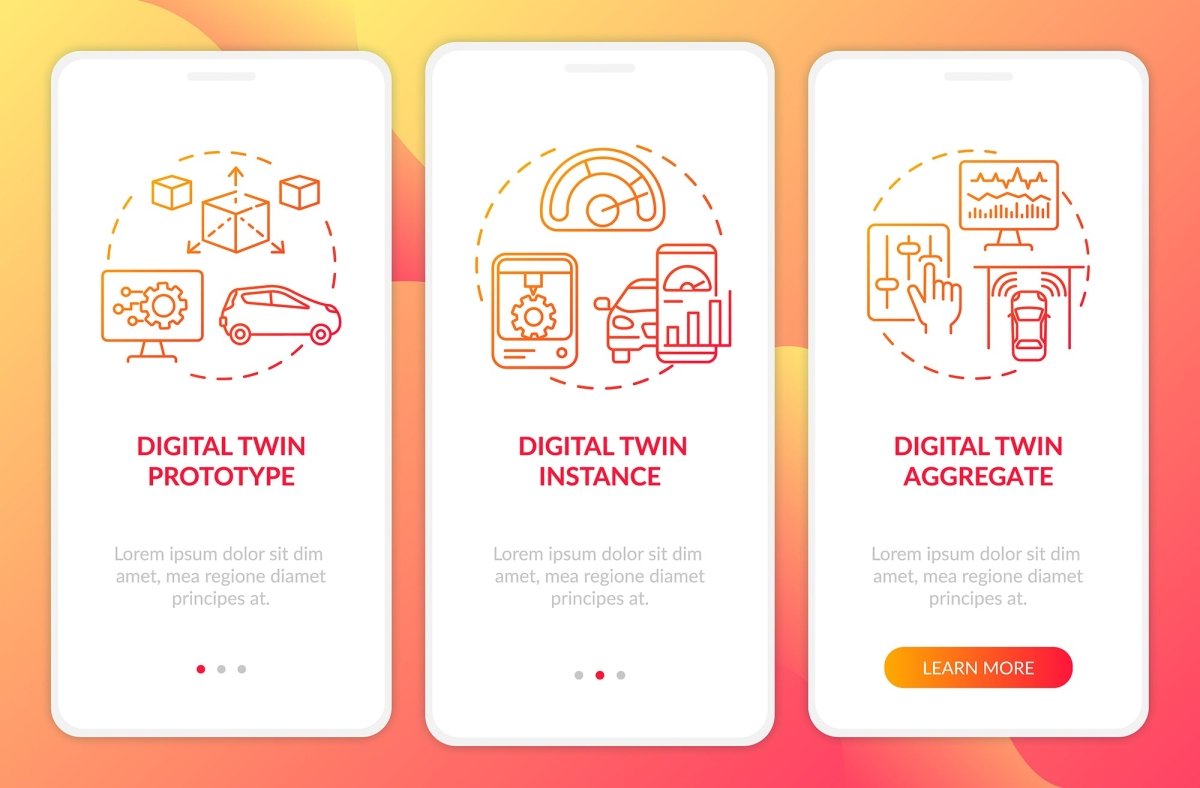 Digital twin onboarding mobile app page screen set