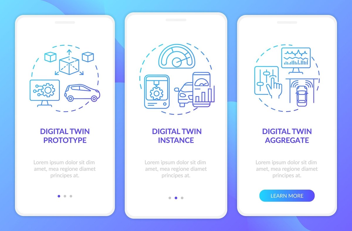 Digital twin onboarding mobile app page screen set