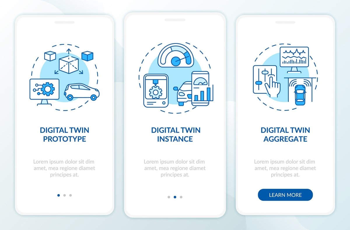 Digital twin onboarding mobile app page screen set