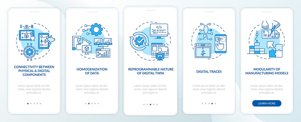 Digital twin onboarding mobile app page screen set