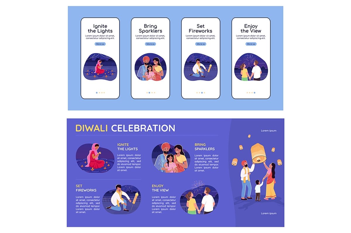 Diwali celebration flat color vector templates