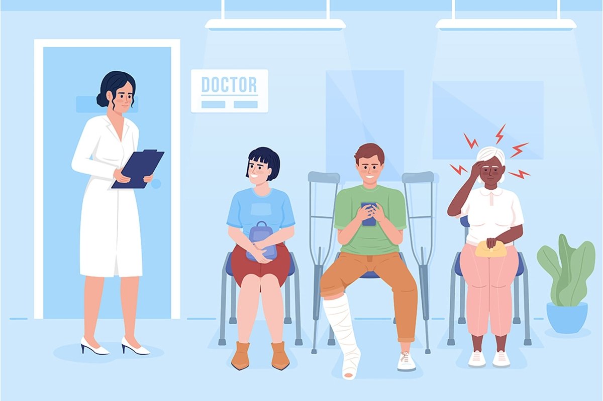 Doctor and patients in hospital flat color vector illustrations set